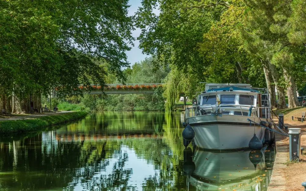 Bateau de plaisance sur un canal bordé d'arbres